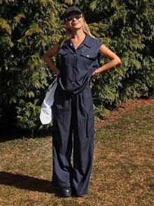 Livesso Women's Sleeveless Solid Color Lapel Top And Casual Pants 2 Pieces Set, Spring Lounge Sets For Women - Navy Blue - View 5