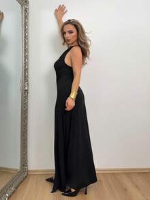 Jeta Ari 新款性感黑色不对称肩部褶皱镂空高开叉连衣裙，适合夏季度假、约会、聚会 - 黑色 - 查看 5