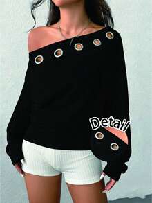 SHEIN EZwear 休闲运动街头风银色金属孔眼装饰做旧黑色轻薄不对称领卫衣，适合早春音乐节穿着 - 彩色 - 查看 6