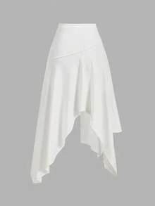 SHEIN MOD 女士纯色不对称下摆休闲百搭迷你裙，夏季 - 白色 - 查看 6