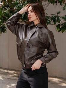Bris Aura 秋季新款宽松休闲PU皮女式夹克，秋季女装皮夹克 - 棕色 - 查看 6