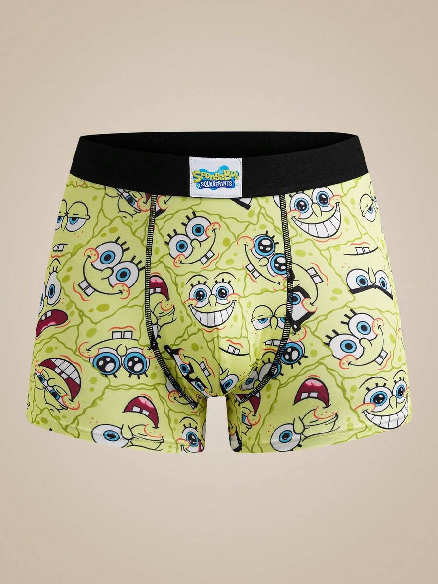 SpongeBob SquarePants | SHEIN Men's Elastic Waist Casual Boxer Briefs, - Yellow - View 1