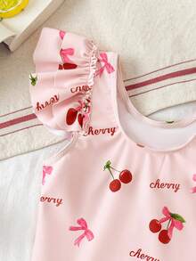 SHEIN Baby Girl Cherry Print Ruffled Sleeve One-Piece Swimsuit, Soft & Skin-Friendly - Pink - View 5