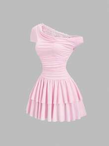 Sweetra Sweet And Girly Pink Dress With Unique Pure And Alluring Lace Trim, Asymmetric Neck Design, Cinched Waist, Layered Pleats, And A French-Style Elegant Hem. Perfect For Spring And Summer. - Pink - View 1