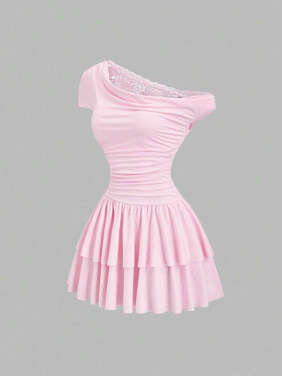 Sweetra Sweet And Girly Pink Dress With Unique Pure And Alluring Lace Trim, Asymmetric Neck Design, Cinched Waist, Layered Pleats, And A French-Style Elegant Hem. Perfect For Spring And Summer. - Pink - View 1