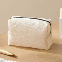 1pc/3pcs Elegant Lace Cosmetic Bag, Women's Large Capacity Waterproof Travel Makeup Organizer, Holiday Mesh Design Gift Pouch ,Makeup Bag - Beige - View 10