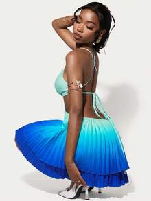 Amplova Women's Pleated Ombre Mini Skirt, A-Line Silhouette, Sexy Open Back, Waist Cutout, Cute Details, Suitable For Vacation Outfit - Multicolor - View 4