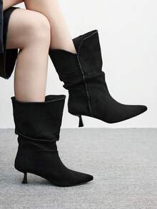 CUCCOO CHICEST Women's Pointed Toe Pleated Fashion Daily Wear Slim Heel Mid-Calf Boots Valentine's Day - Black - View 5