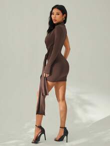 SHEIN PETITE Lowkey Demure Sexy Casual High Neck Asymmetrical One Shoulder Cut Out Sash Mini Dress - Brown - View 2