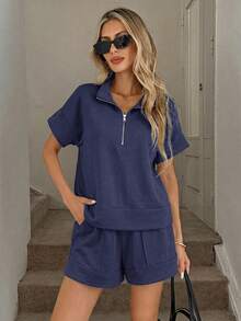 Easowa 2pcs/Set Women Casual Loose Zip-Up Polo Collar Top T-Shirt T-Shirt And Pocket Shorts Outfit 2 Pieces Short Sets Woman Comfy Two Pieces Set Blue 2 Pieces Set Women Women's Short Sets - Navy Blue - View 4