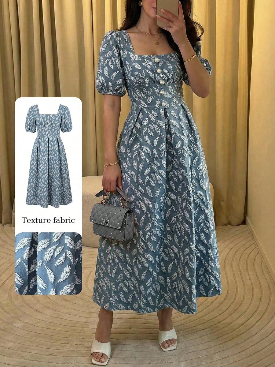 Mulvari Robe élégante et romantique à manches longues, taille cintrée et coupe évasée, en jacquard vert, pour le printemps/été - Vert - Voir 1