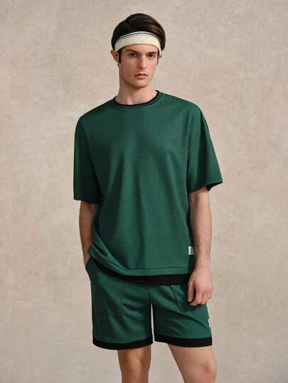 Courvante Bộ đồ nam mùa hè phối màu năng động gồm áo thun và quần short, áo thun ngắn tay màu xanh lá cây và quần short thể thao có túi, thích hợp cho việc đi làm, bộ 2 món cho nam, phong cách đường phố, trang phục thoải mái Tenniscore