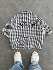 SWAVVY Men's Fashion Letter Embroidered Short Sleeve Shirt, Spring/Summer - Black and White - View 4