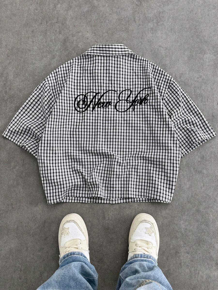 SWAVVY Men's Fashion Letter Embroidered Short Sleeve Shirt, Spring/Summer - Black and White - View 1