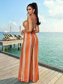 Slaydiva 早春新款，春夏音乐节，情人节，复活节，婚礼季，假日季，海滩度假，休闲，优雅，通勤，日常穿着，工作装，度假，派对，邮轮，派对，基础款，日常约会，比基尼上衣，吊带，露背短款背心+阔腿裤，超长裤，橙色波浪纹理面料套装，女士两件套 -G - 彩色 - 查看 11
