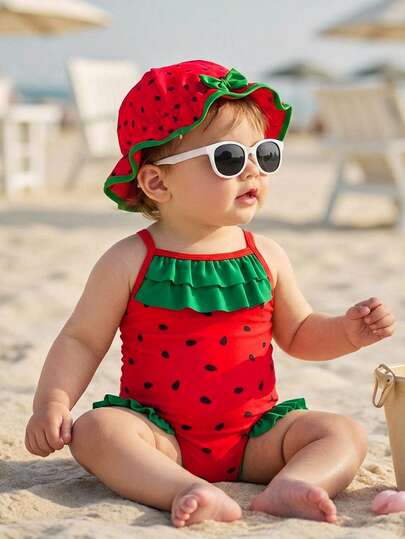Baby Girl Patchwork Ruffled Hem Casual Beach Vacation Spaghetti Strap One-Piece Swimsuit