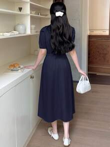 少女浅藏蓝色梭织翻领褶皱蝴蝶结短袖休闲连衣裙 - 藏蓝色 - 查看 2