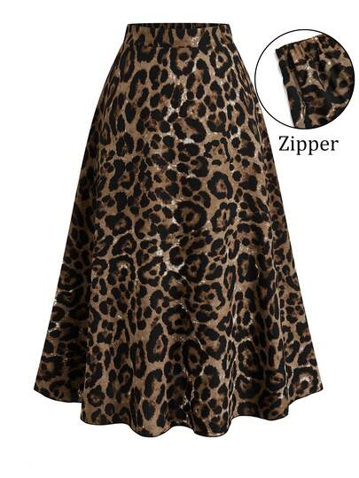 Velvienne Chân váy nữ cỡ lớn đa năng dáng chữ A, họa tiết da báo cổ điển, dệt kim, dài ngang gối, kiểu dáng thường ngày thanh lịch, thích hợp cho kỳ nghỉ xuân, mùa xuân.