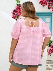 SHEIN CURVE+ Curve 尺码 US22 音乐节、海滨度假、波西米亚风女士休闲方领格纹泡泡袖衬衫 - 粉色 - 查看 2