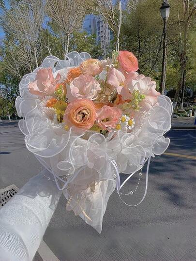 White Flower Arrangement Bouquet Wrap Supplies, Appliques Pearl Tulle Lace Trim Rhinestone Beaded Embroidered Organza Fabric Ribbon For Wedding Birthday Party Home Decor DIY Crafts