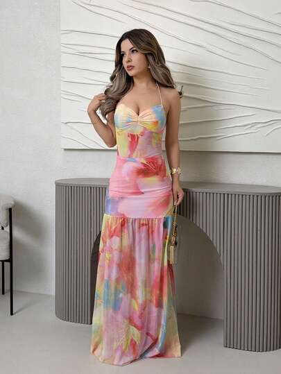Jemour Romantic Date Night/Vacation Floral Print Mesh Backless Maxi Dress For Women, Spring/Summer