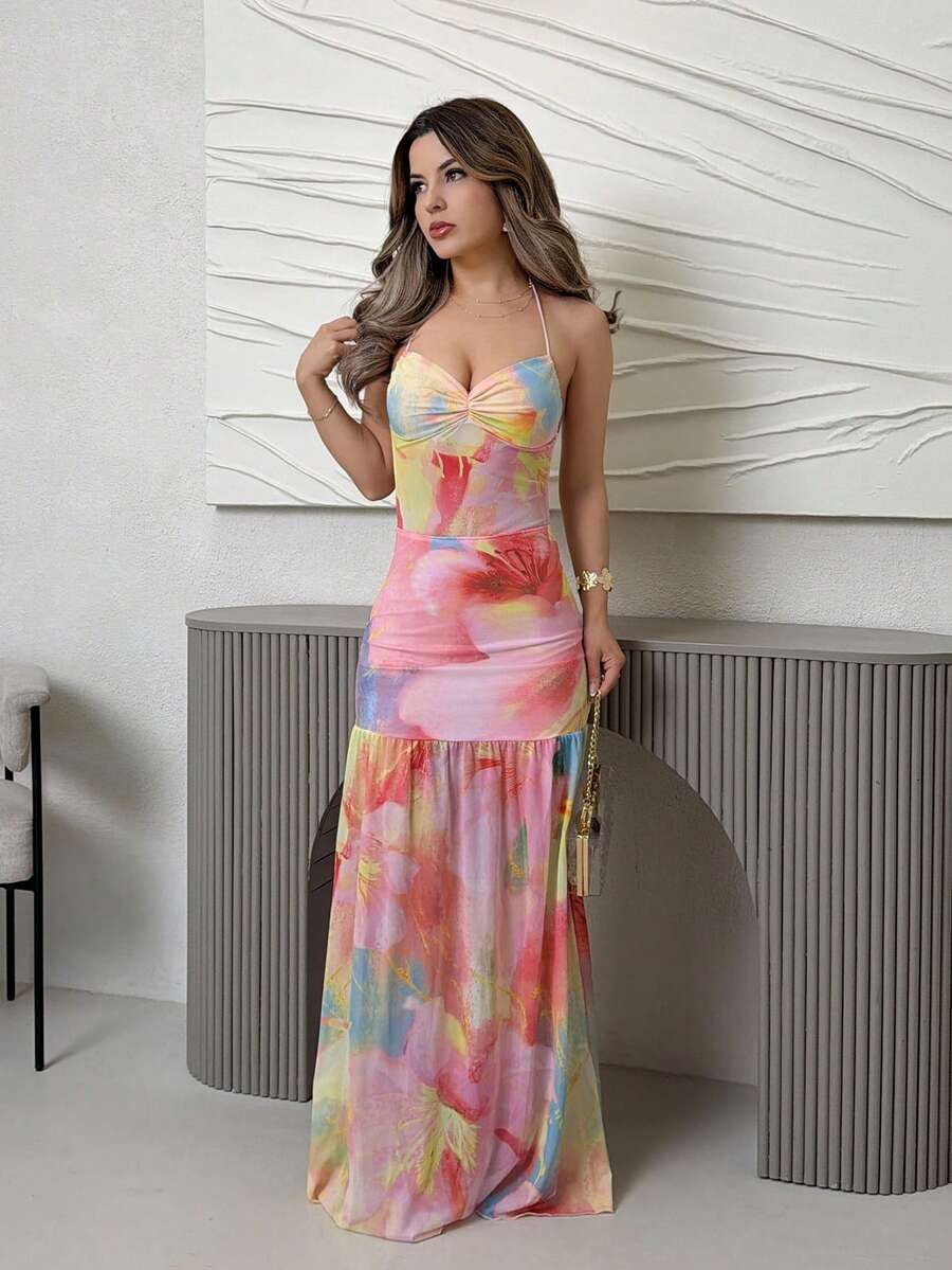 Jemour Gaun Maxi Tanpa Punggung Bermotif Bunga Jala untuk Kencan Romantis/Liburan Wanita, Pesta Musim Semi/Panas - MultiWarna - View 1