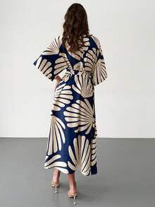 RiviMae 2026 New Spring/Summer Vacation Style Elegant Water Print Wrap Design Relaxed V-Neck 3/4 Sleeve Fitted Long Dress For Women - Blue - View 2