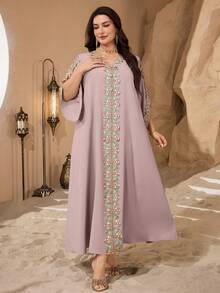 Al Najma Plus Size Solid Color Lace Trim Women Turkish Long Tunic, Arabic Traditional Long Dress - Dusty Pink - View 5