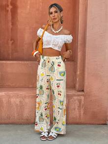 Selianne 女士休闲度假高腰系带阔腿印花裤，春夏款 - 彩色 - 查看 4