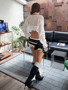 Rina Fox Y2K Gothic Style Thin Distressed Hollow Out Printed Loose Knit Top, Unique Summer Casual Wear - White - View 5