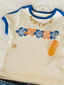 Glimmora Women's Contrast Trim Floral Print Round Neck Short Sleeve T-Shirt - White - View 3