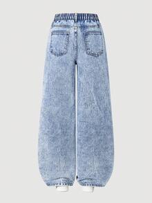 Girls Loose Fit Distressed Jeans,Soft Cotton Wide Leg Denim Pants With Rhinestone,Elastic Waist Dusky Blue,Summer,Casual,Graduation Fashion Pants - Blue - View 2