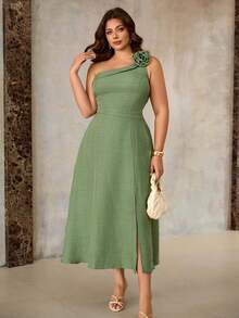 Roveilla Plus Size Women's Sage Green Summer Elegant Wedding Guest Maxi Dress, Floral Shoulder Strap Backless A-Line Party French Chic Dress - Green - View 5