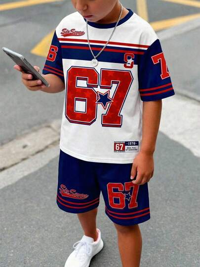 Tween Boy Casual Comfortable Fashion Minimalist Round Neck Short Sleeve T-Shirt And Shorts Set, Classic Star Print, Classic Sports Style Print, Cool Text Print "6", "7", "Six", "Seven", Suitable For Sports, Suitable For Spring And Summer