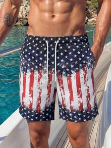 Manfinity Swimmode Men's Independence Day American Flag Print Beach Shorts,Quick Dry Drawstring Swim Trunks,Blue And White Striped Summer Tropical Vacation Bathing Suit - Blue and White - View 2