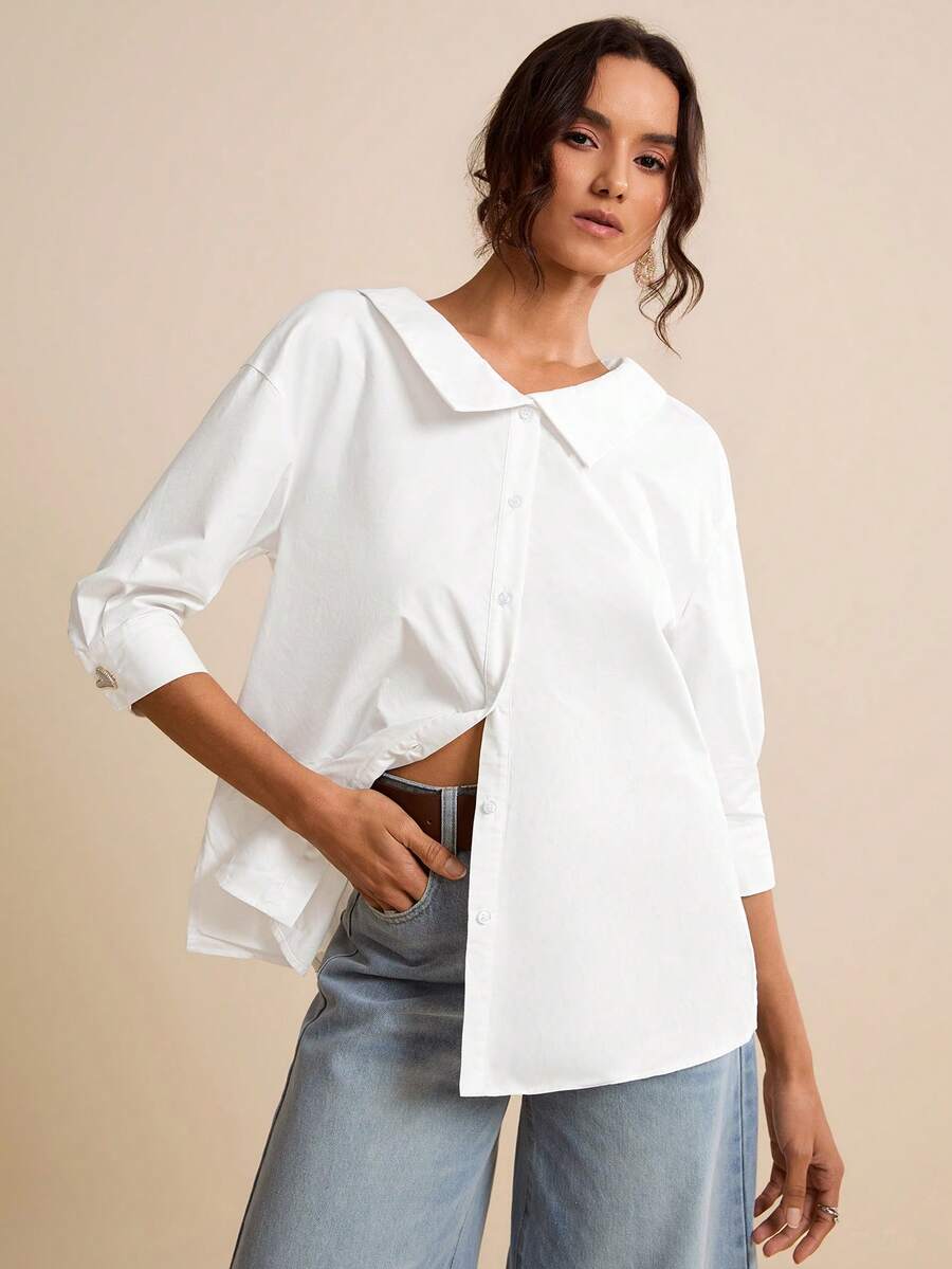 LOTSLUV 女士宽松休闲白色纯棉短袖衬衫，春夏款 - 白色 - 查看 1