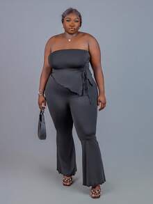 CurvyTilda Plus Size 2pcs Set Black Tube Top And Bell Bottom Jeans Outfit, Spring/Summer Elegant - Black - View 4