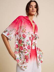 LOTSLUV Blouse ample à fleurs tropicales dégradées fuchsia, pour le printemps/été, blouse en soie, blouses printanières, Top à fleurs roses, blouses d'été, chemises printanières pour femmes, chemises d'été pour femmes, blouses d'été pour femmes, dernières nouveautés de hauts pour femmes - Rose vif - Voir 6