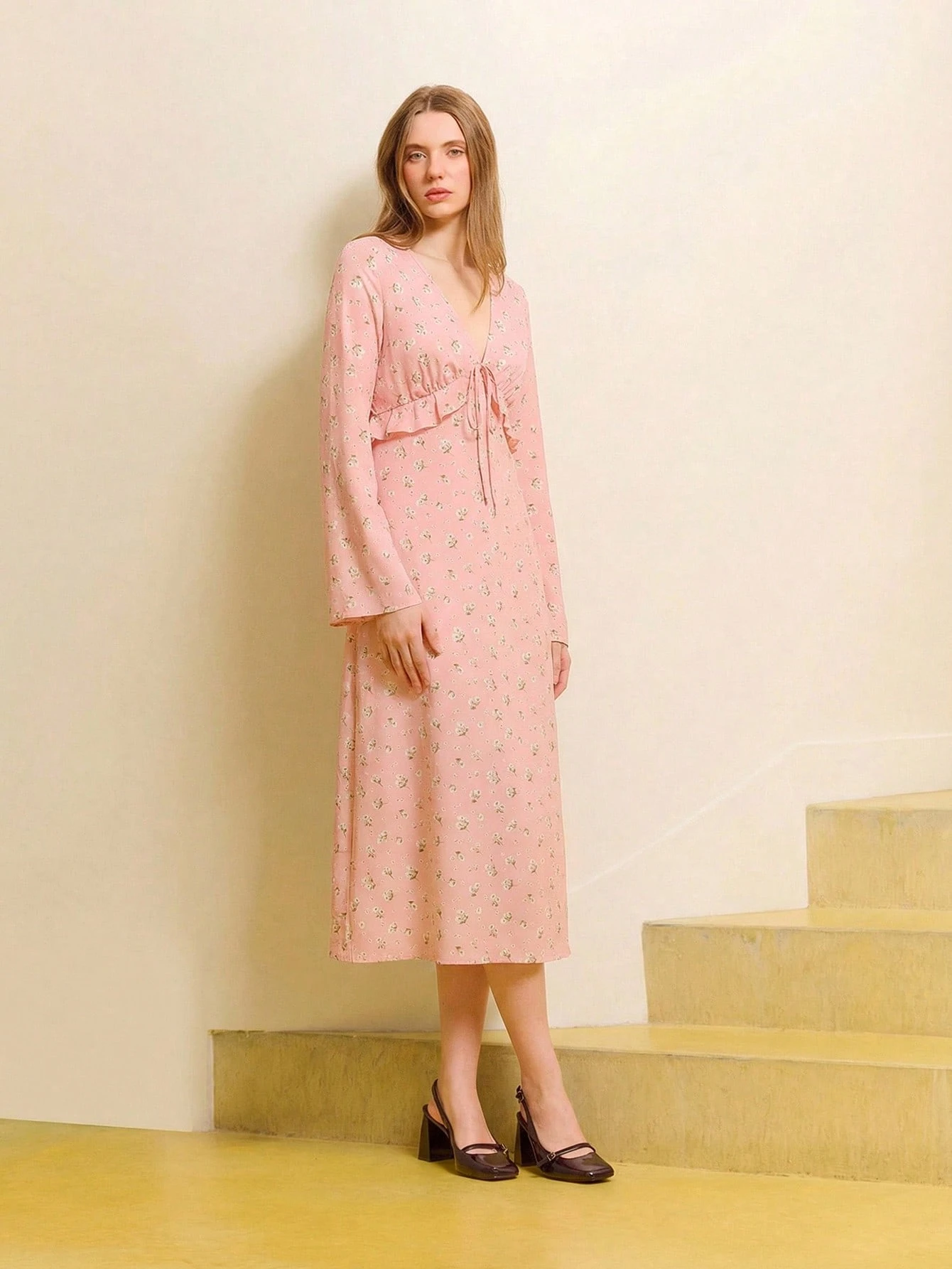 Pink Floral Print V-Neck Tie-Front Midi Dress With Ruffled Details And Long Sleeves Wedding Guest Outfits For Women Womens Dress Formal Wear Women S Spring Dress