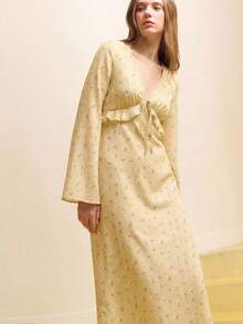 lacRébo Black Floral Print V-Neck Tie-Front Midi Dress With Ruffled Details And Long Sleeves - Pale Yellow - View 8