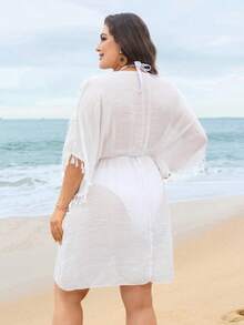 Swim Lushoire 大码女式度假流苏设计罩衫连衣裙，蕾丝镂空 - 白色 - 查看 2