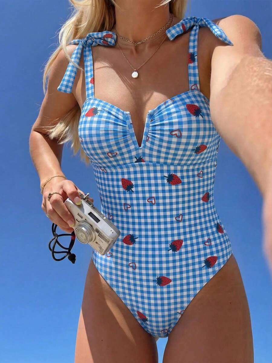 Swim Mod Women's Plaid & Strawberry Print Tie Front One-Piece Swimsuit - Multicolor - View 1