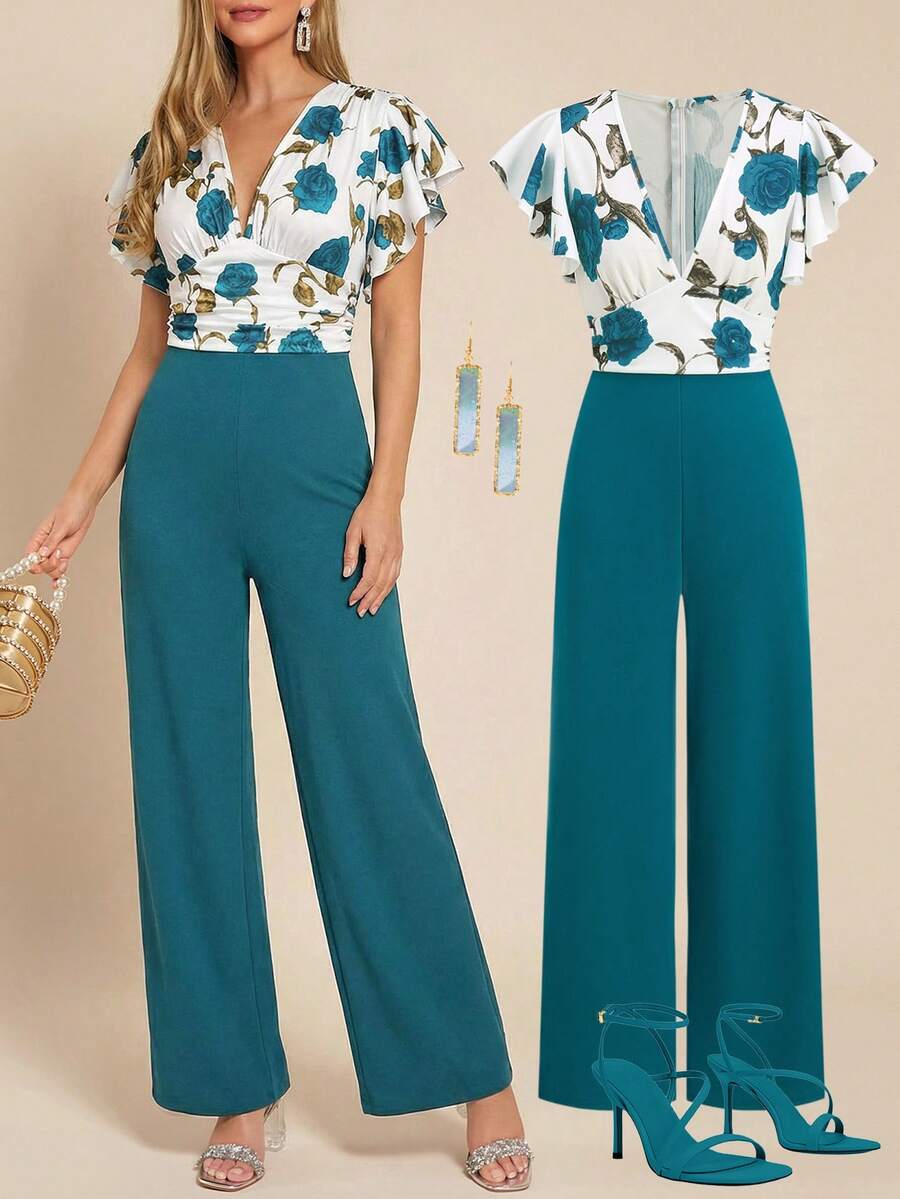 Ellevyn 女士优雅印花深V领荷叶袖宽松阔腿连体裤，春夏款 - 水鴨藍 - 查看 1