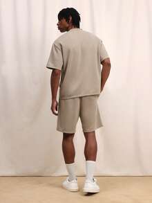 SUMWON Relaxed Suede T-Shirt And Shorts Co-Ord Set Crew Neck Short Sleeve Matching Casual Two Piece Outfit Comfortable Lounge Wear - Khaki - View 2