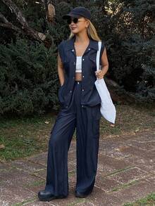 Livesso Women's Sleeveless Solid Color Lapel Top And Casual Pants 2 Pieces Set, Spring Lounge Sets For Women - Navy Blue - View 3