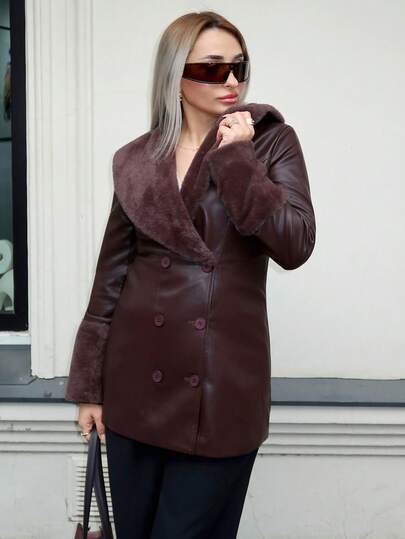 salliqueen 女式纯色仿毛领长袖双排扣 PU 皮革修身优雅夹克，秋冬