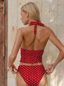 Swim Mod Set Baju Renang Tankini Modis Wanita Motif Polkadot Musim Panas untuk Pantai - Red and White - View 2