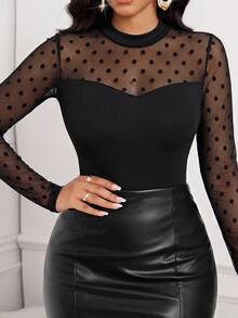 SHEIN Lady 女士波点网眼拼接圆领长袖修身T恤 - 黑色 - 查看 5