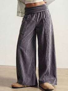 Bohemela 女士休闲纯色针织宽松阔腿水洗裤 - 深灰色 - 查看 6