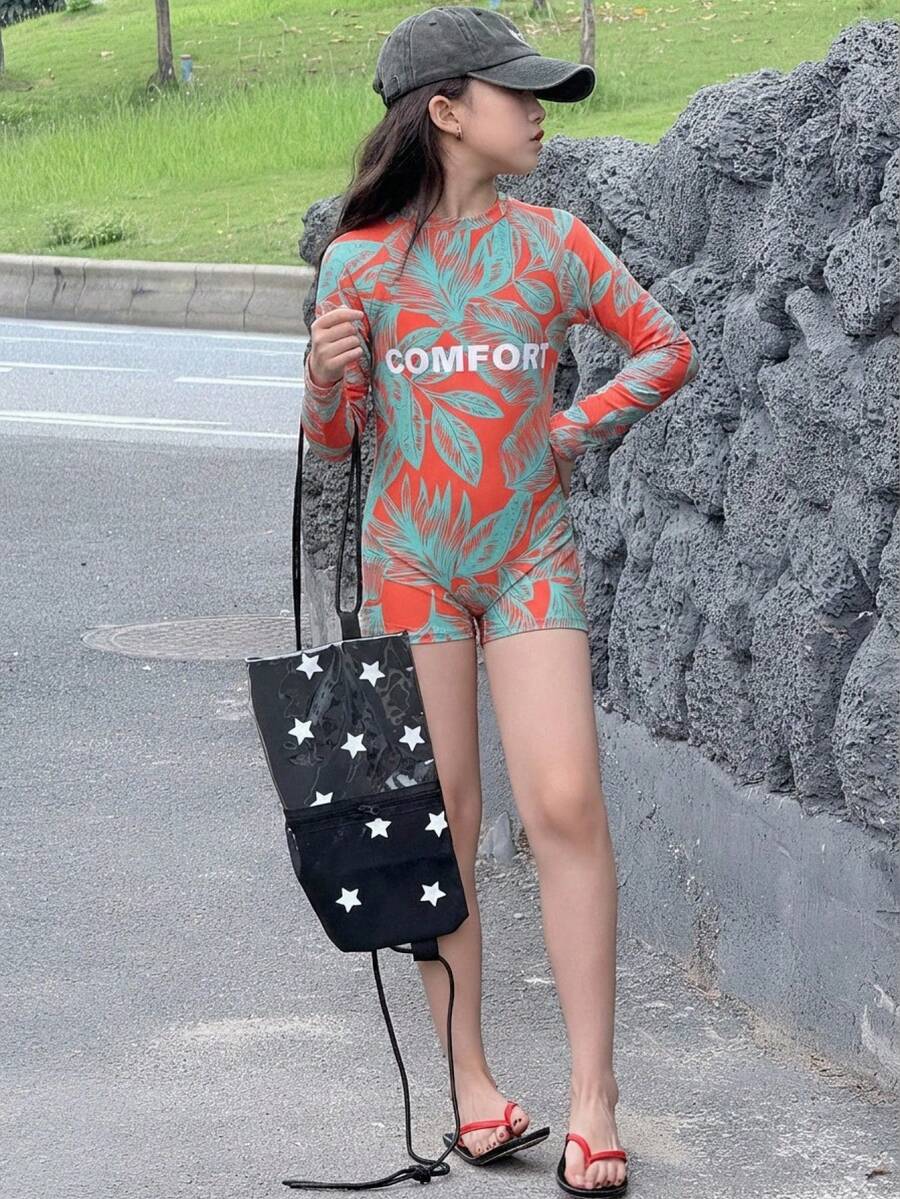 Livesso Tween Girl One-Piece Tropical Plant & Letter Print Swimsuit With Shorts - Orange - View 1